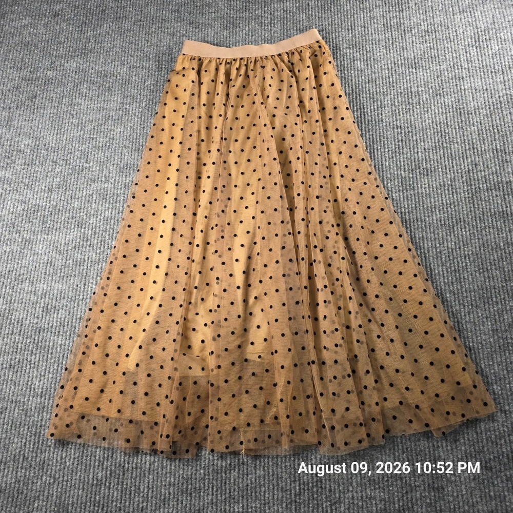 Unbranded Women Tan Black Polka Dot Tulle Maxi Skirt Elastic Waist Mesh Size S